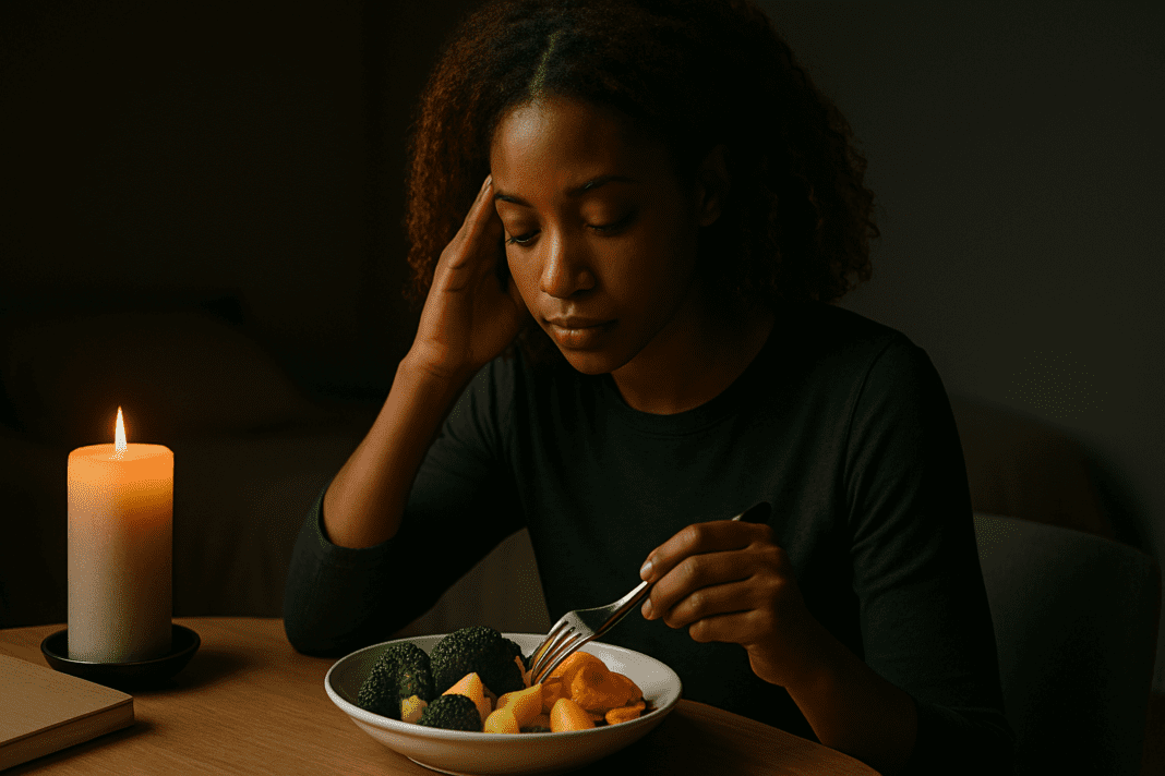 In a quiet residential setting, a young African American woman sits at a candlelit table, pausing before eating a colorful, nutrient-rich meal. The intimate atmosphere visually reinforces the psychological health benefits of healthy eating habits and mindful mealtime rituals