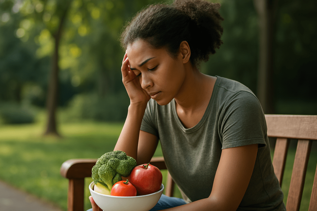 A young African American woman sits on a park bench under soft morning light, thoughtfully examining a bowl of fresh fruits and vegetables in her lap. This outdoor scene visually emphasizes the mental benefits of nutrition, symbolizing mindful eating and nature’s role in psychological health