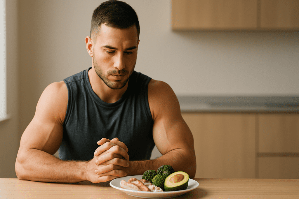 A muscular young man in a fitted gray shirt sits at a clean wooden table in a modern kitchen, thoughtfully looking at a healthy plate of food in soft morning light