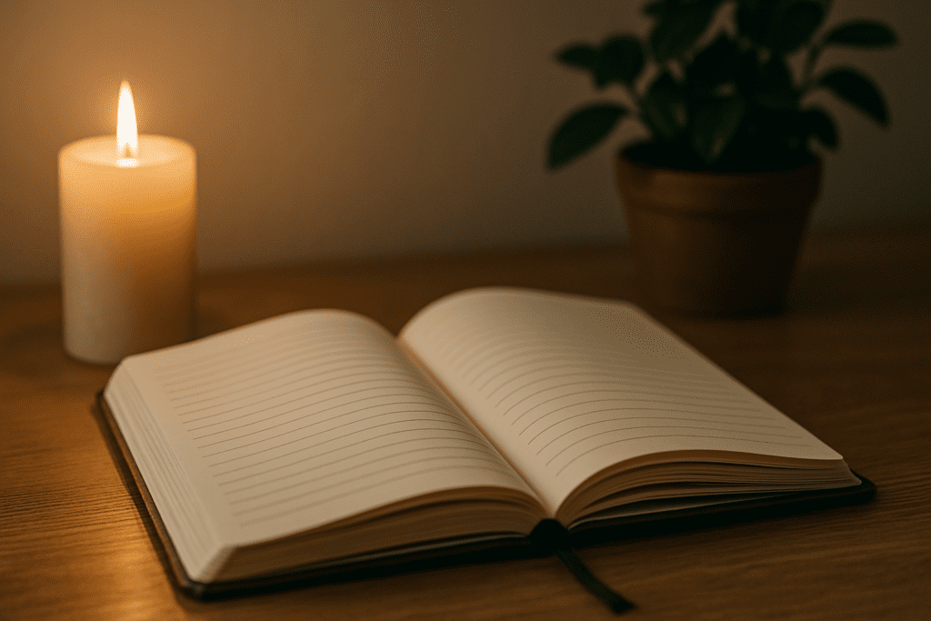 An open journal and a lit cream-colored candle rest on a wooden surface with a blurred green plant in the background, creating a cozy, focused setting