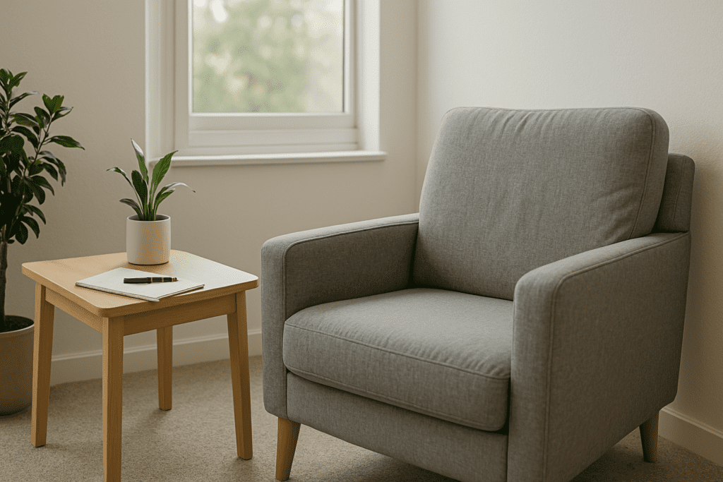 A plush gray therapy chair sits beside a green plant and small wooden side table with a notebook, lit by soft daylight through a large window