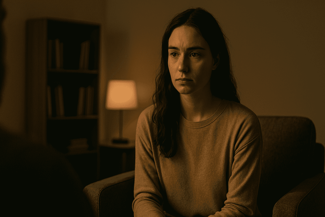 A young woman with long brown hair listens attentively in a softly lit therapy room, seated in a gray chair with warm lamplight and neutral decor