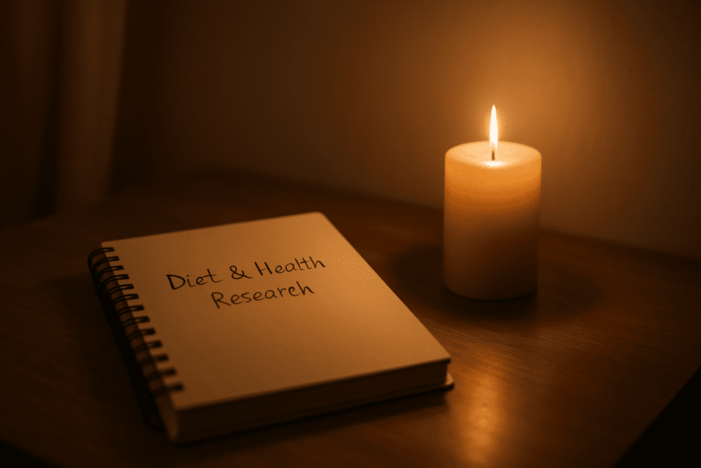 A spiral-bound cream-colored journal rests beside a softly glowing candle on a clean wooden surface, with moody directional lighting casting long shadows. The minimalist composition symbolizes the personal and introspective side of tracking diet and health insights in evidence-based research