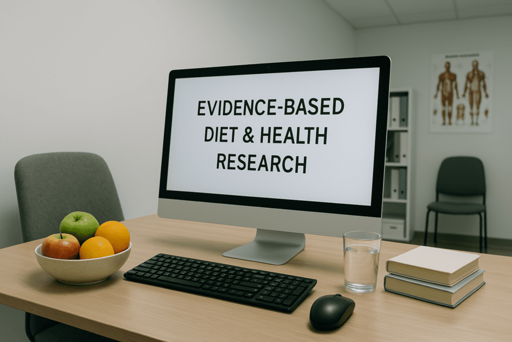 A modern study space features a large monitor displaying “Evidence-Based Diet & Health Research,” surrounded by a keyboard, fruit, books, and anatomical posters. Neutral lighting and clean organization highlight a professional environment dedicated to nutrition science and clinical accuracy