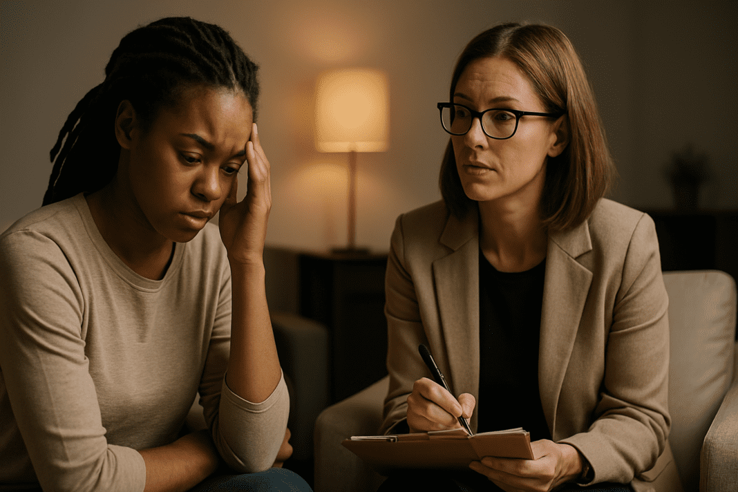 A young African American woman with dark dreadlocks sits pensively in a warmly lit therapy room, her gaze lowered in quiet reflection. Seated across from her, a light-skinned female therapist with glasses listens attentively, capturing the emotional nuance of a private counseling session focused on evidence-based diet and health research themes. The soft lighting, neutral furnishings, and intimate atmosphere reinforce the connection between mental well-being and nutritional guidance