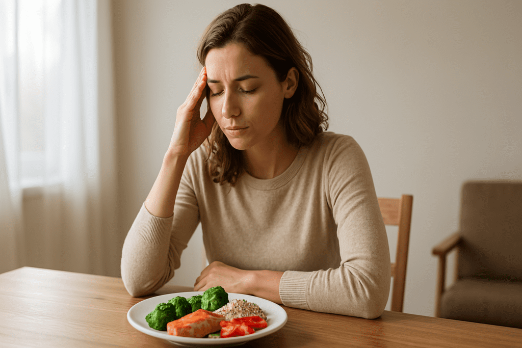 A woman with light brown hair sits at a wooden table in morning light, eyes closed in reflection beside a plate of salmon, quinoa, and vegetables