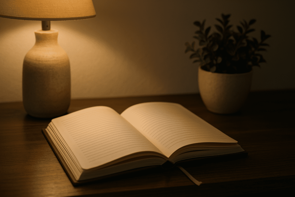 An open hardcover journal rests on a wooden surface, softly lit by a nearby ceramic lamp with a small green plant adding a soothing touch