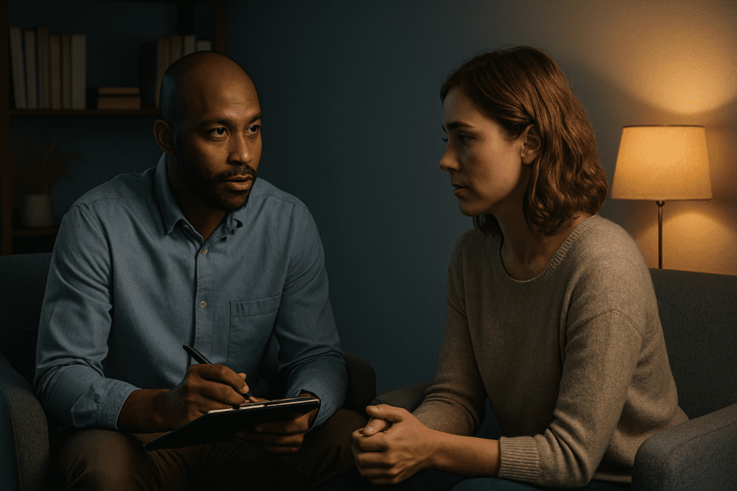 A male therapist and female client sit across from each other in a softly lit office, engaged in empathetic conversation amid warm surroundings