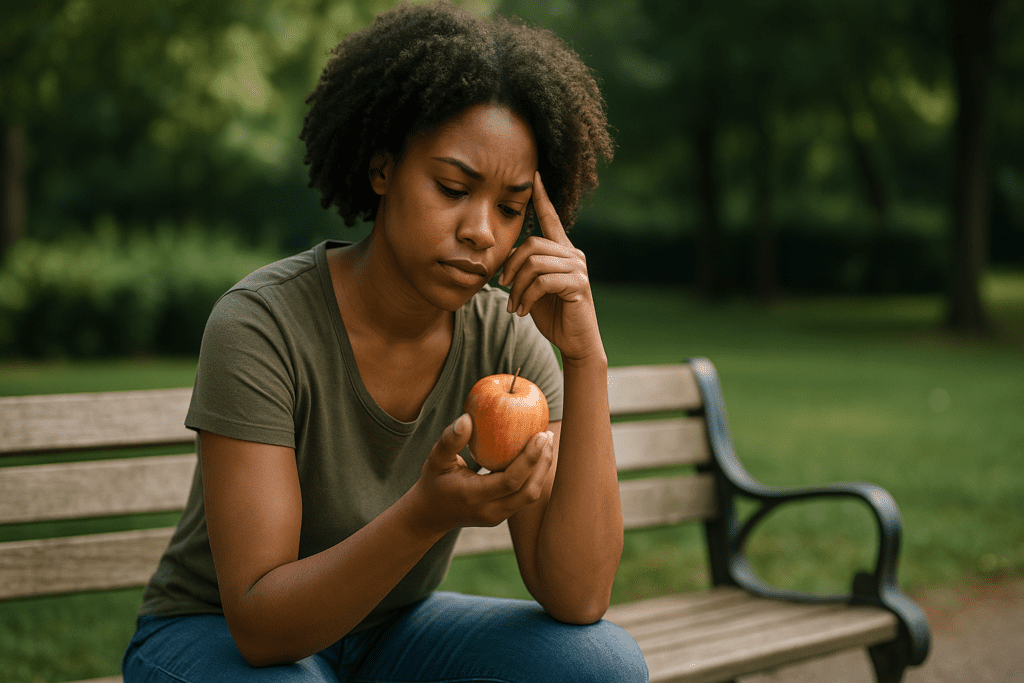 A young African American woman sits alone on a weathered wooden park bench in soft morning light, gazing thoughtfully at an apple in her hand. The lush, blurred greenery and her calm, introspective expression emphasize the role of nutrition in chronic disease prevention, aligning with the theme of nutritional biochemistry