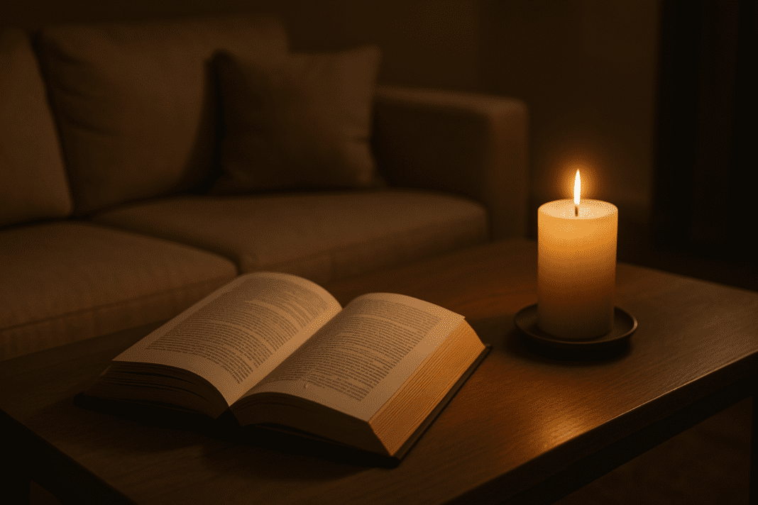 An open hardcover book rests next to a lit candle on a wooden coffee table in a dimly lit room, with flickering shadows highlighting the pages and warm textures. The quiet, contemplative scene symbolizes the deep reflection and knowledge central to nutritional biochemistry and its emerging role in chronic disease prevention