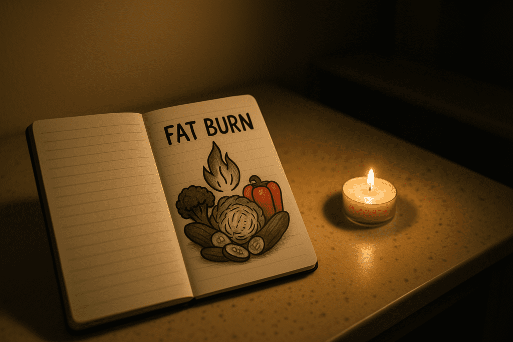 An open notebook on a simple kitchen counter glows in warm candlelight, displaying colorful hand-drawn vegetables and fat-burning notes. This cozy nighttime scene symbolizes mindful eating, nutrient-dense food tracking, and intentional weight loss through diet