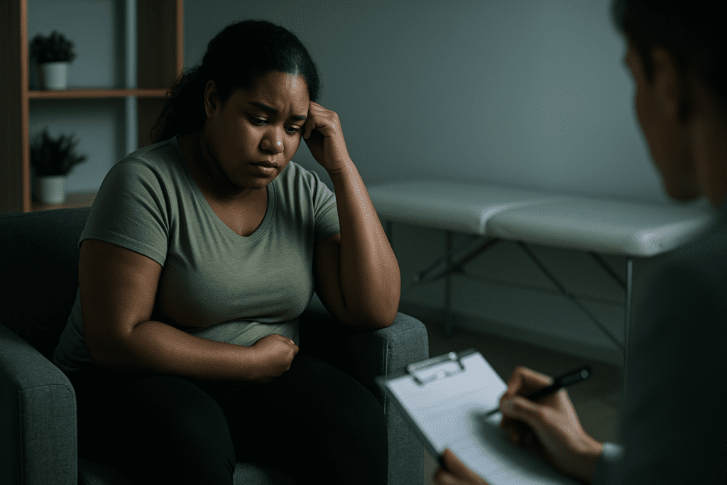 In a minimalist therapy room with cool, clinical lighting, a young woman discusses lifestyle changes with a therapist, highlighting the psychological support behind sustainable vegetable-based weight loss strategies. The setting reinforces evidence-based approaches to nutrition and fat burn