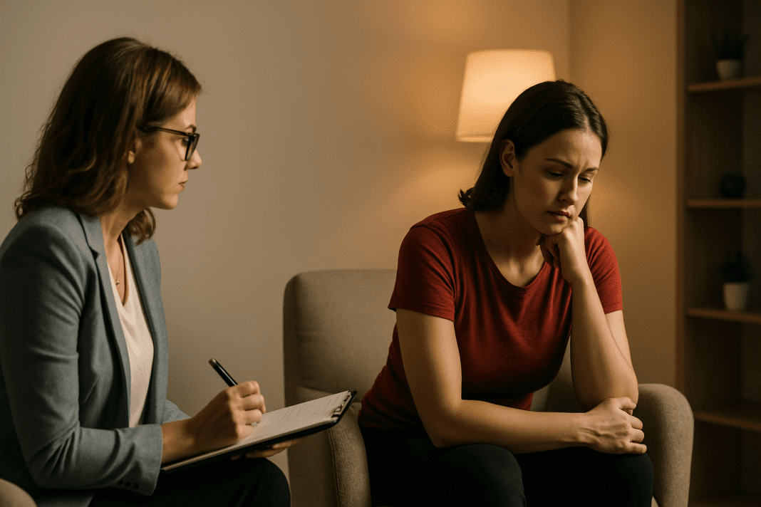 A young woman sits thoughtfully in a neutral-toned therapy room under ambient lighting, engaging in a deep conversation about emotional health and eating habits. This scene visually connects mental clarity and mindful eating with effective, science-backed weight loss using vegetables
