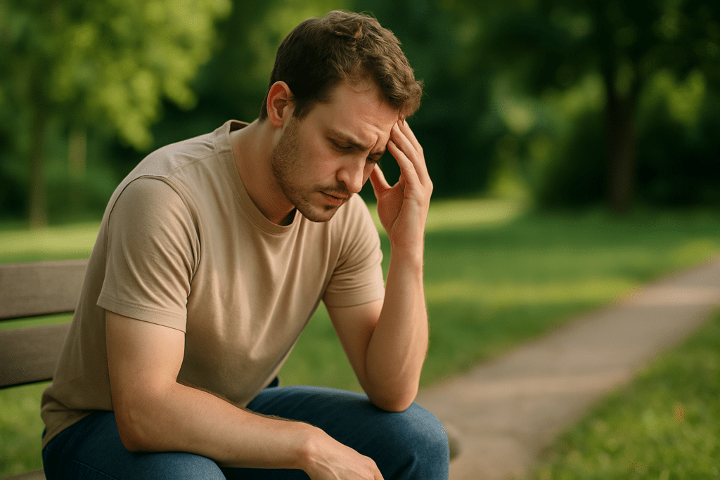 A young man sits pensively on a wooden park bench in soft morning light, with trees and a path blurred behind him, symbolizing reflection on the role of nutrition in health and well-being