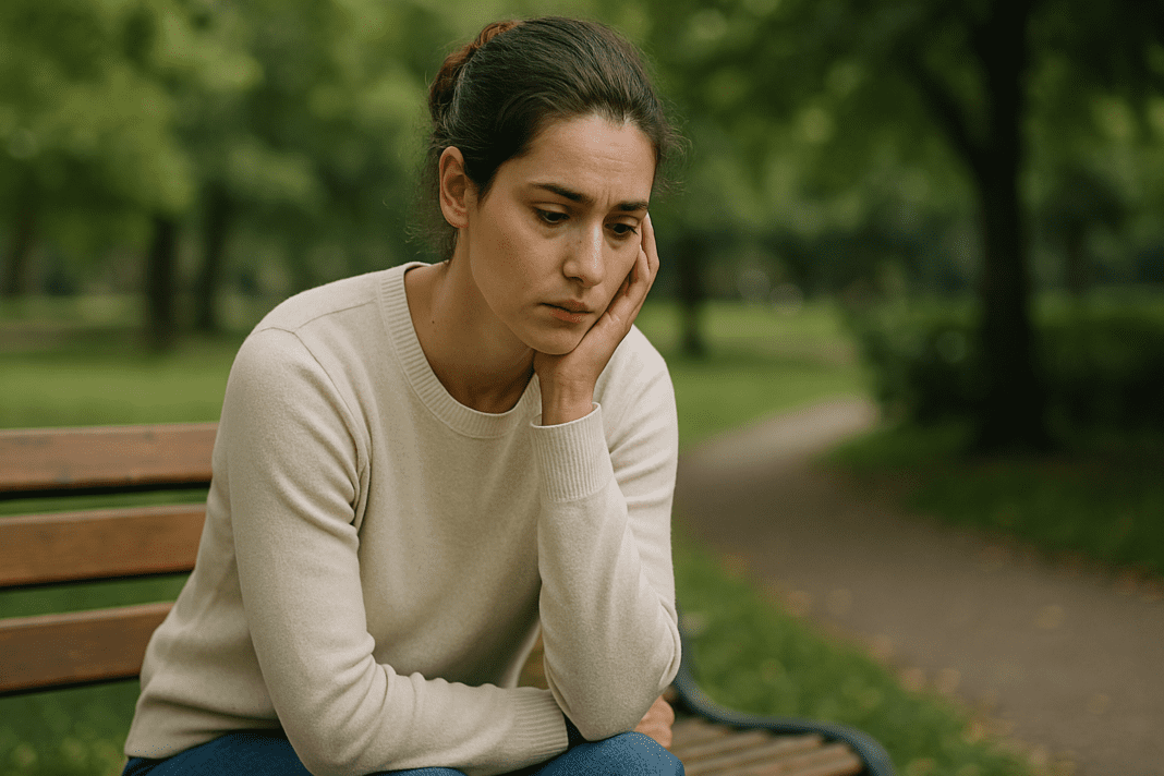 A woman in a cream sweater sits quietly on a park bench, surrounded by lush greenery and bathed in natural light, reflecting the theme of mindful living and the importance of nutrition in daily life