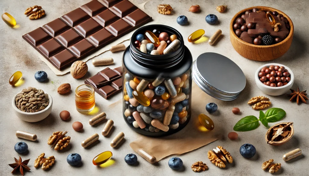 A modern supplement bottle with an open lid, spilling out omega-3 fish oil, vitamin B-complex, and herbal nootropic capsules, surrounded by memory-boosting foods like dark chocolate, blueberries, and walnuts on a neutral background.
