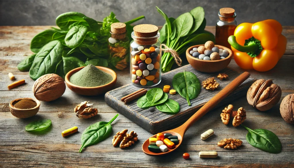 A wellness-inspired setting featuring a wooden spoon filled with various vitamins and supplements, placed alongside fresh ingredients like spinach, walnuts, and turmeric, known for enhancing cognitive function and sustained attention.