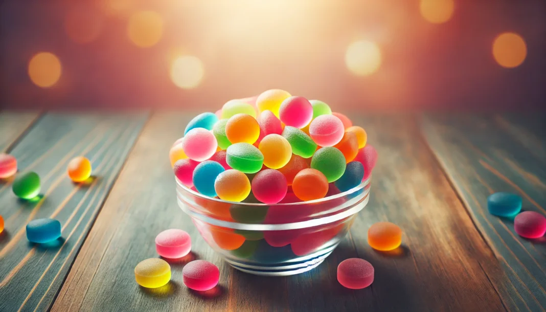 A glass bowl filled with vibrant, translucent gummy supplements in various colors, placed on a wooden table. The gummies appear soft and chewy, symbolizing brain health support through supplements. The background is softly blurred with a warm, inviting glow.