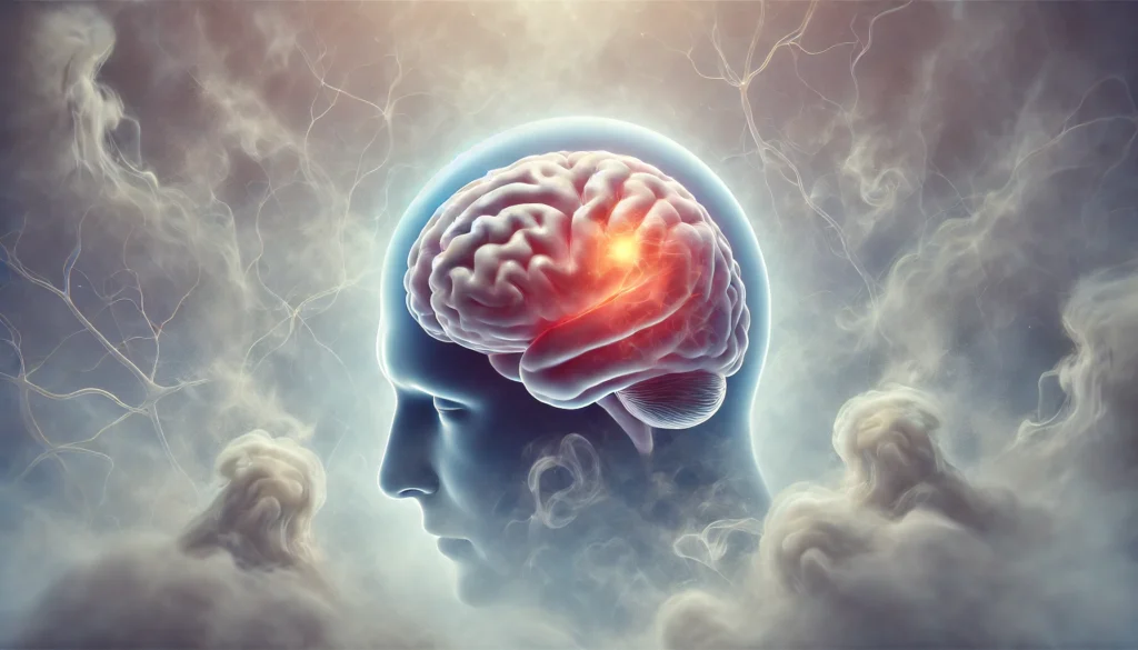 A symbolic representation of brain fog caused by high blood sugar, featuring a human brain enveloped in swirling mist with distorted neural pathways and a reddish glow indicating inflammation