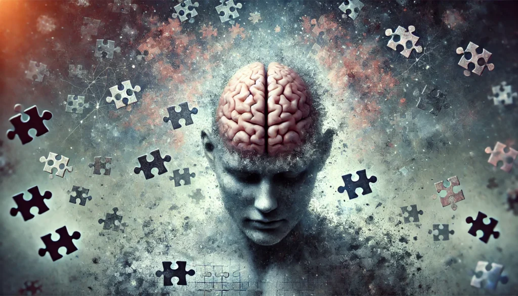 A surreal image of a human brain surrounded by fading puzzle pieces and vanishing neural connections, visually symbolizing memory loss linked to high blood sugar