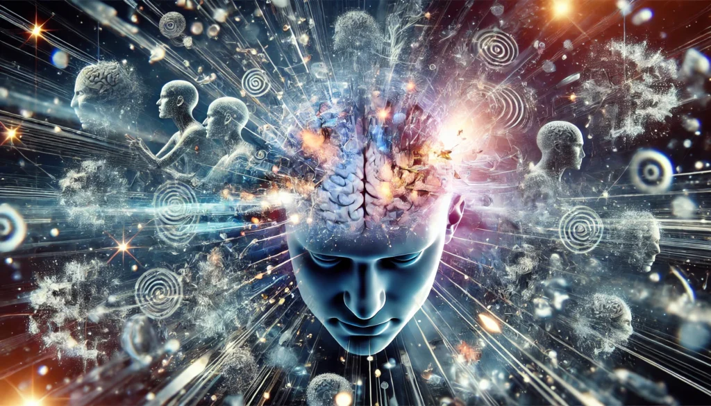A conceptual depiction of mental confusion from high blood sugar, showing a human brain surrounded by blurry visuals, chaotic lines, and abstract shapes evoking sensory overload