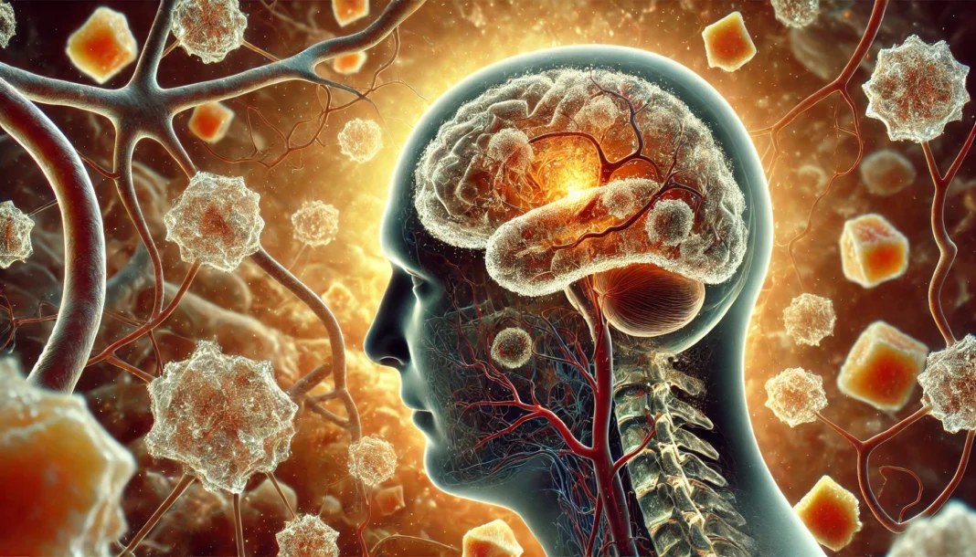A symbolic image of long-term cognitive decline from diabetes, showing a brain entangled in sugar crystal structures and damaged blood vessels, with darker regions illustrating deterioration