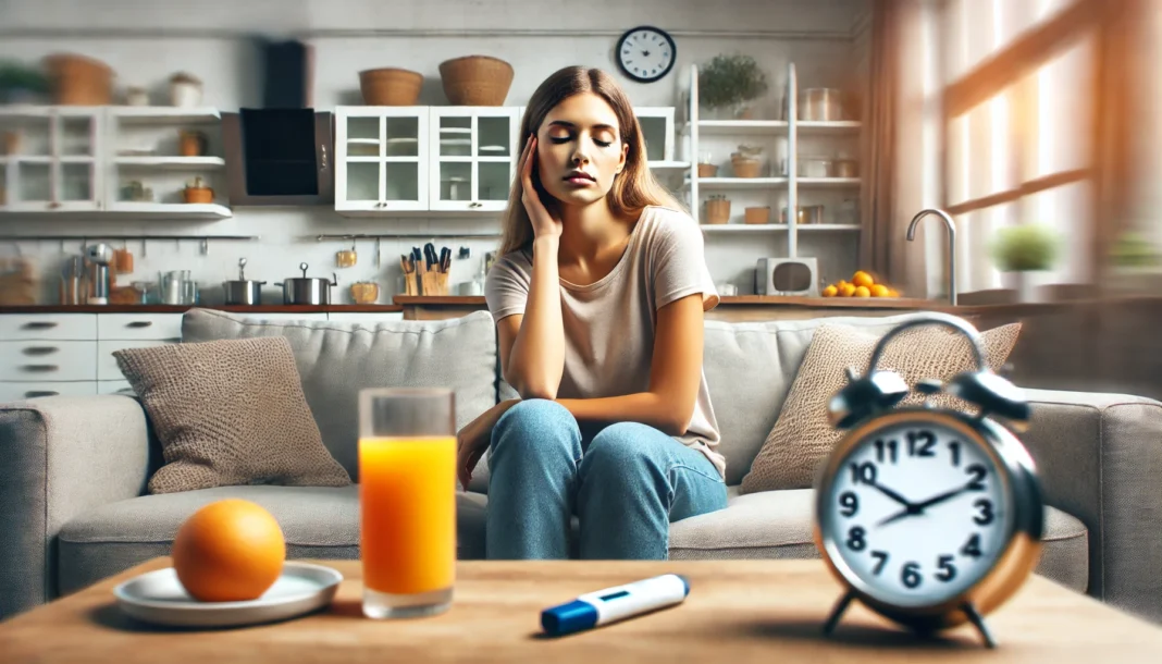 A fatigued woman with blurred vision sits on a sofa near a glass of orange juice, depicting symptoms of non-diabetic hypoglycemia in a home setting