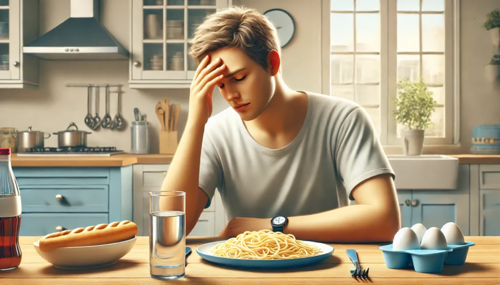 A man sits at a dining table after a carbohydrate-heavy meal, appearing dizzy and overwhelmed, representing reactive hypoglycemia without diabetes