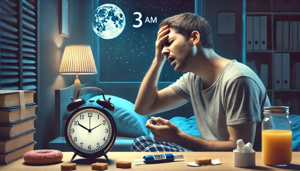 A distressed man wakes up at 3 AM in a dark bedroom, sweating and shaking, with a snack nearby—illustrating fasting hypoglycemia during sleep