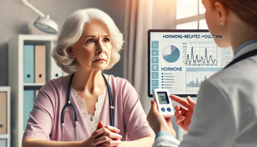An older woman consults with a doctor showing hormone test results on a tablet, illustrating hormone-related hypoglycemia in a clinical setting