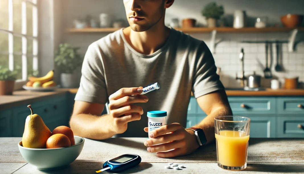 Person treating hypoglycemia at home by taking glucose tablets and drinking juice, with a glucometer and fruit on the table in a bright kitchen setting