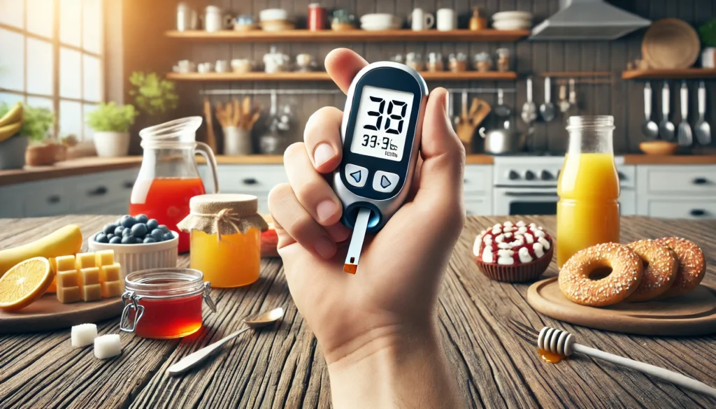 Close-up of a hand holding a glucose meter displaying low blood sugar, surrounded by fast-acting sugar sources like honey, candy, and juice on a kitchen counter