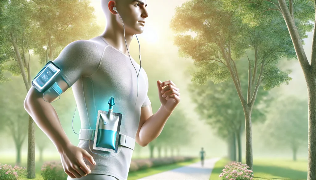 Person jogging in a park with a fitness pouch holding a glucose gel pack, staying prepared to manage blood sugar levels during physical activity