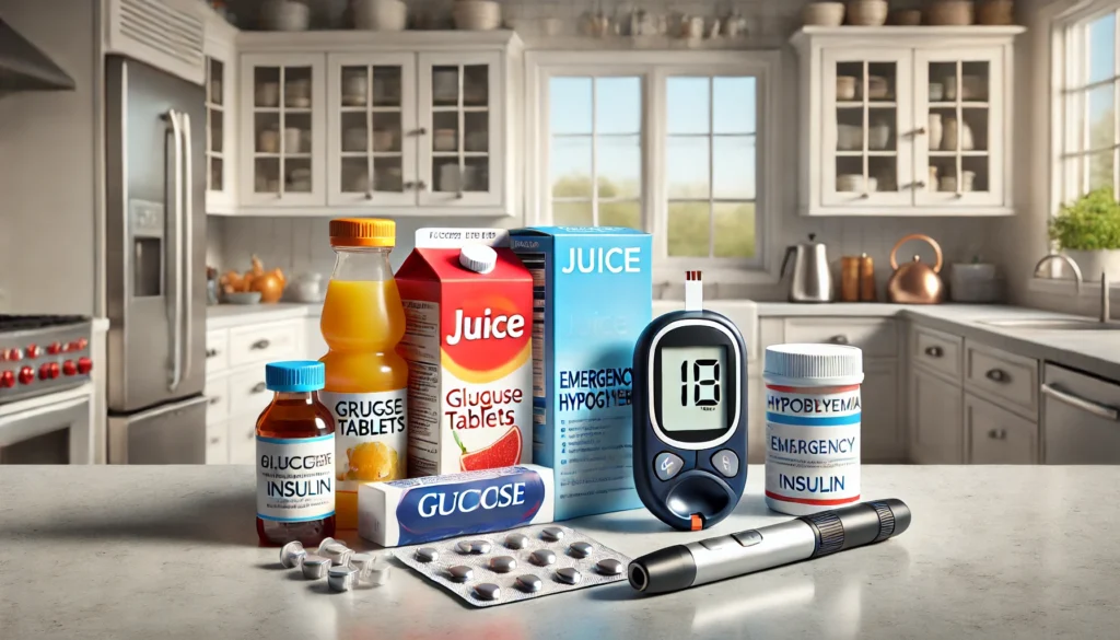 Emergency hypoglycemia kit on a clean kitchen counter, featuring glucose tablets, juice boxes, insulin, and a glucometer, ready for quick response to low blood sugar episodes