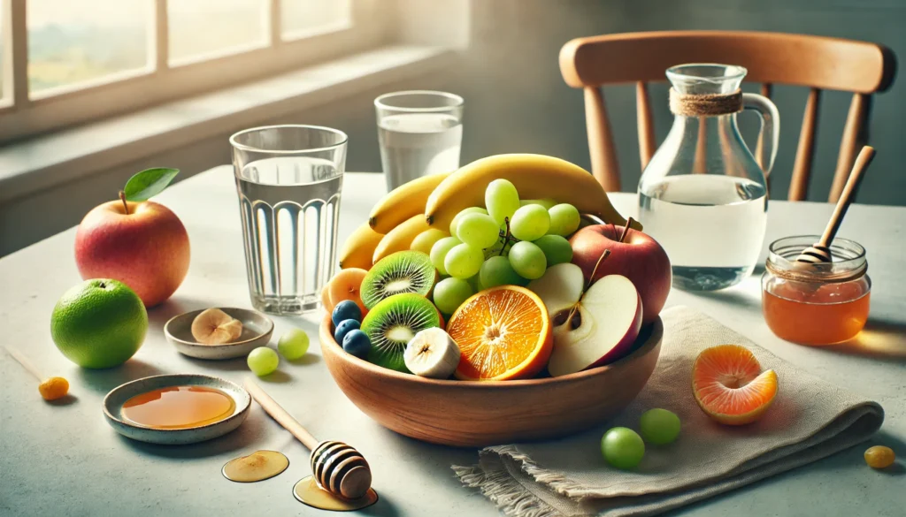 Colorful bowl of fresh fruit including bananas, grapes, apple slices, and orange segments on a kitchen counter with a spoonful of honey and a glass of water, representing healthy options for quickly raising low blood sugar