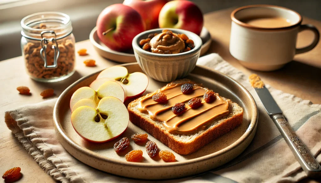 Whole grain toast with peanut butter, sliced apples, and raisins on a plate in a sunlit breakfast nook, visually representing a nutritious, slow-carb meal ideal for managing low blood sugar naturally