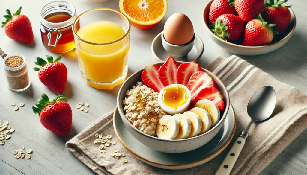 Bowl of oatmeal topped with bananas, strawberries, and honey, paired with orange juice and a hard-boiled egg on a sunlit table, illustrating energy-boosting foods for managing low blood sugar safely