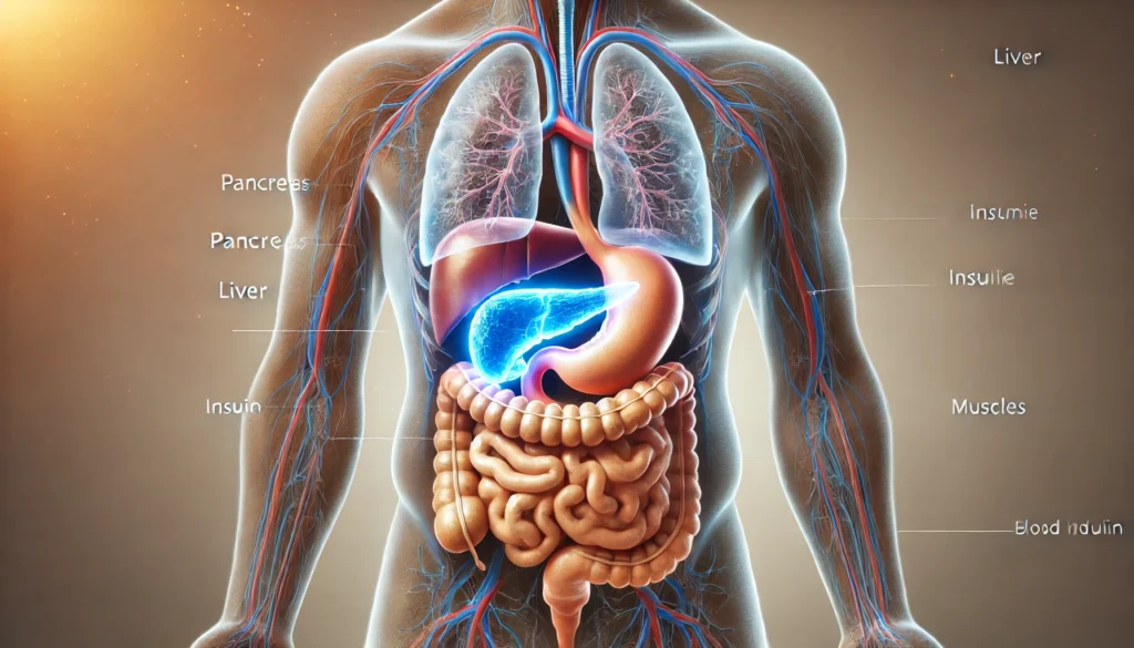 Anatomical illustration showing the human pancreas glowing near the stomach, with liver and muscles highlighted to depict organs involved in blood sugar regulation