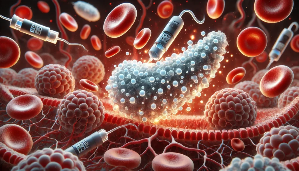 3D microscopic rendering of insulin molecules glowing as they are released from pancreatic cells into blood vessels, highlighting cellular interaction in blood glucose control