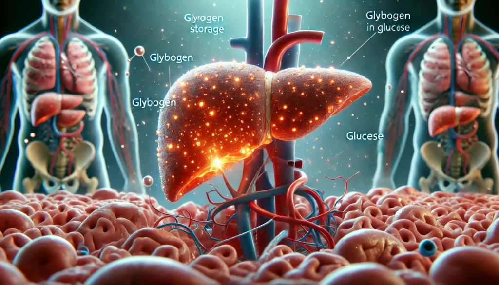 Photorealistic cutaway of the human liver showing glucose metabolism, with glowing glycogen clusters and glucose release into the bloodstream, emphasizing the liver's role in blood sugar regulation