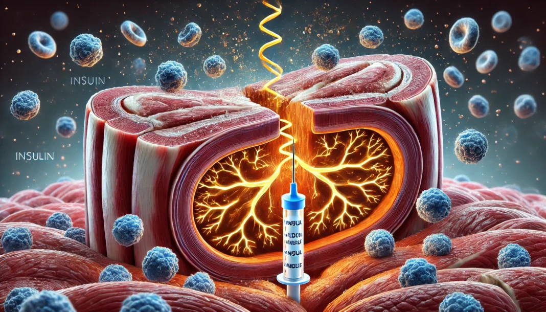 Cross-section of skeletal muscle tissue showing glucose molecules entering cells with insulin assistance and glowing energy pathways, illustrating muscle involvement in blood sugar regulation