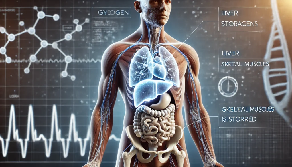 3D scientific rendering of a human body with glowing liver and muscles showing glycogen storage locations in a clinical lab setting