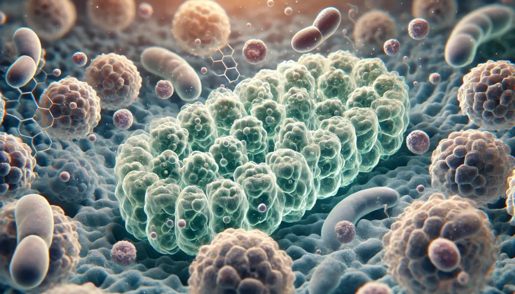 Microscopic 3D view of glycogen granules inside a human liver cell, surrounded by mitochondria and cytoplasm, representing cellular energy storage