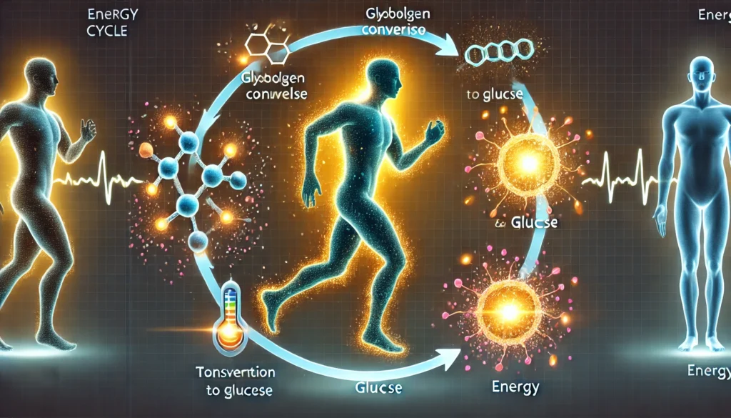 Visual representation of glycogen transforming into glucose during exercise, with a running human figure and glowing energy particles illustrating the body’s energy cycle