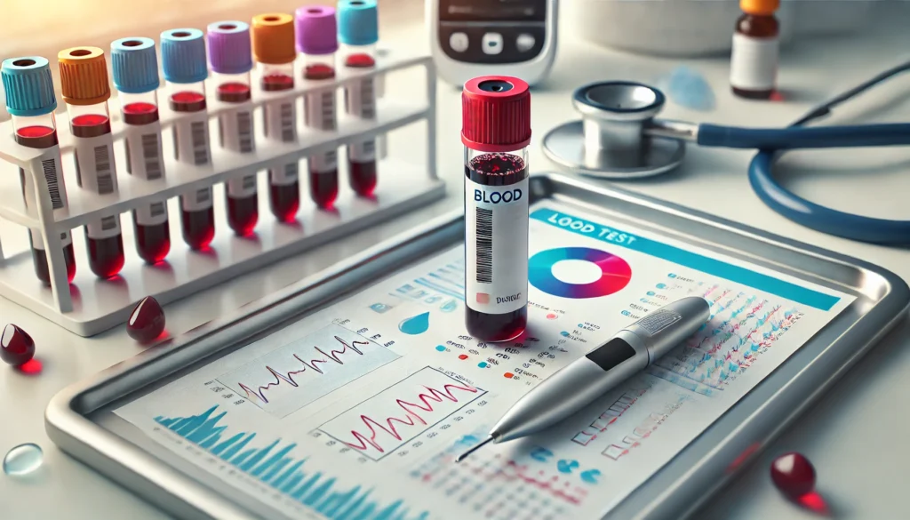 Close-up of a medical lab setup showing a blood sample vial, printed test sheet with graphs, glucometer, and stethoscope, symbolizing glucose blood testing and diabetes diagnosis