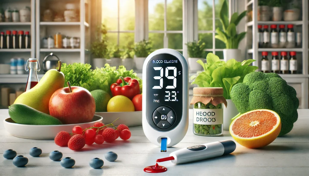 Digital glucometer showing normal blood sugar level, finger-prick test in progress, and fresh healthy foods in the background, illustrating glucose control and diabetes prevention through diet and monitoring