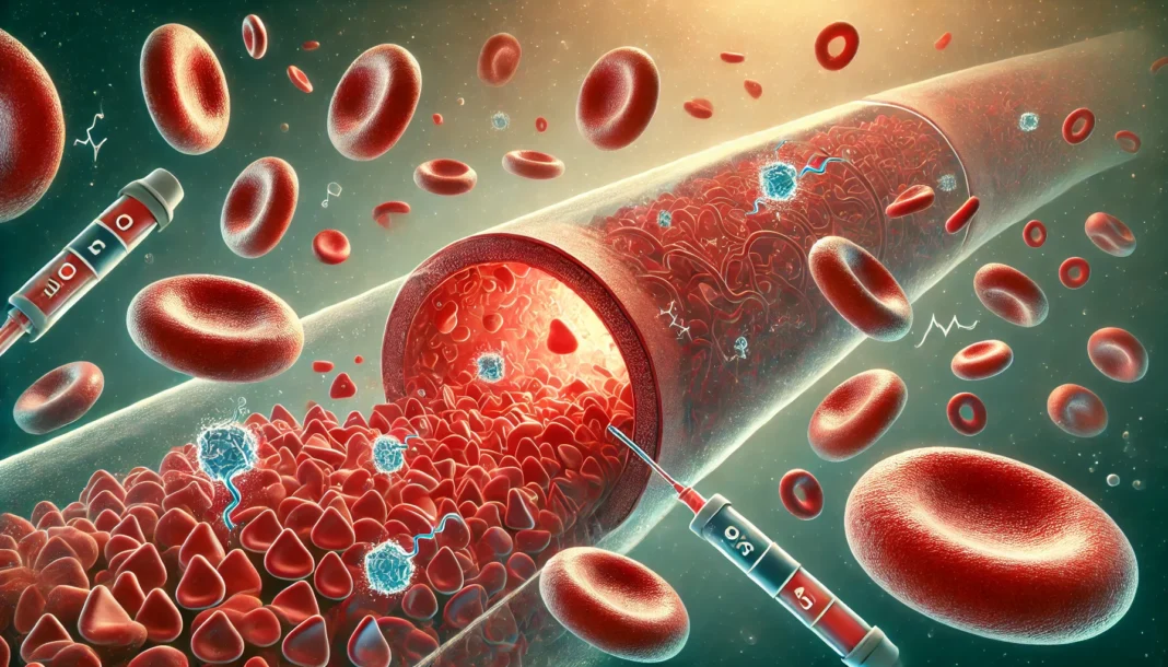 Illustration of glucose molecules and red blood cells flowing through a blood vessel with visible insulin receptors, symbolizing blood sugar metabolism and diabetes-related glucose regulation