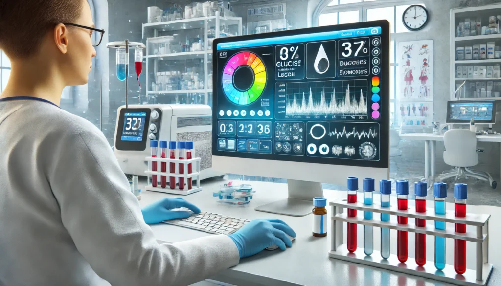 Healthcare professional in a modern lab analyzing blood test results on a screen with a glucose chart and biomarkers, representing interpretation of lab data for blood sugar and diabetes diagnosis