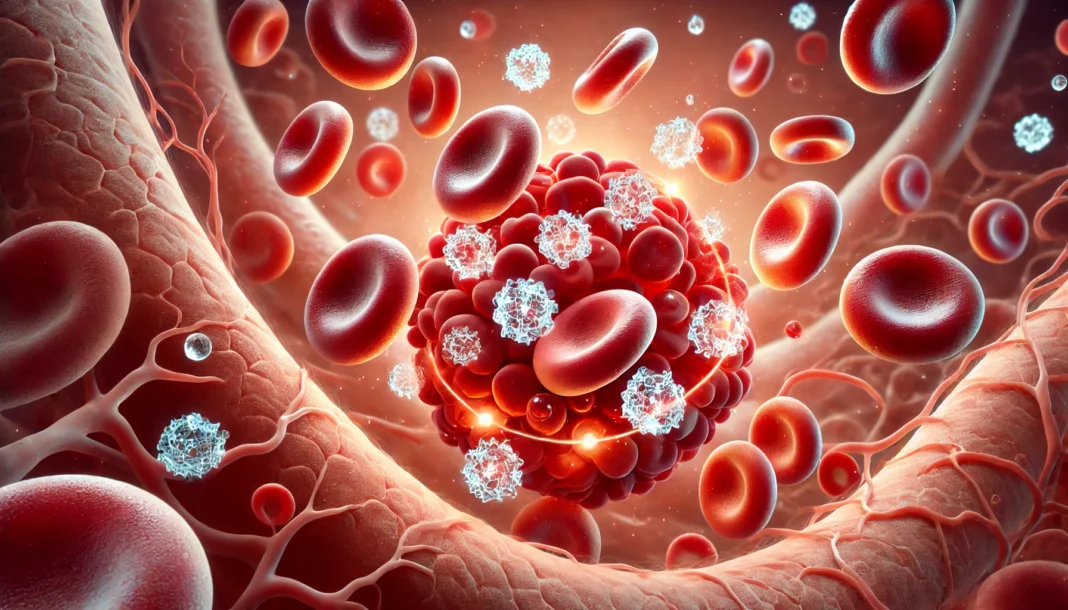 Conceptual image of red blood cells surrounded by glowing sugar molecules inside a blood vessel, representing a sudden blood sugar spike in diabetics