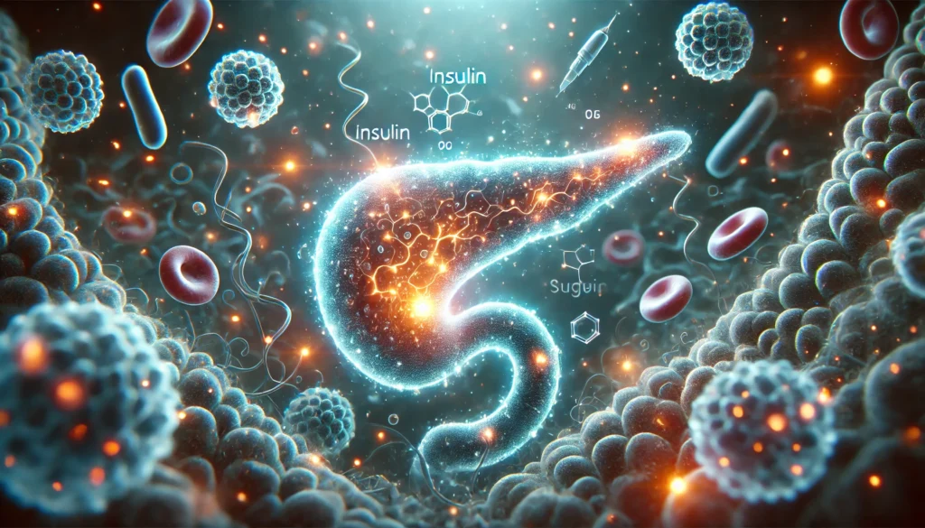 Visual representation of the pancreas releasing insulin into the bloodstream, showing insulin interacting with sugar and body cells to regulate glucose levels